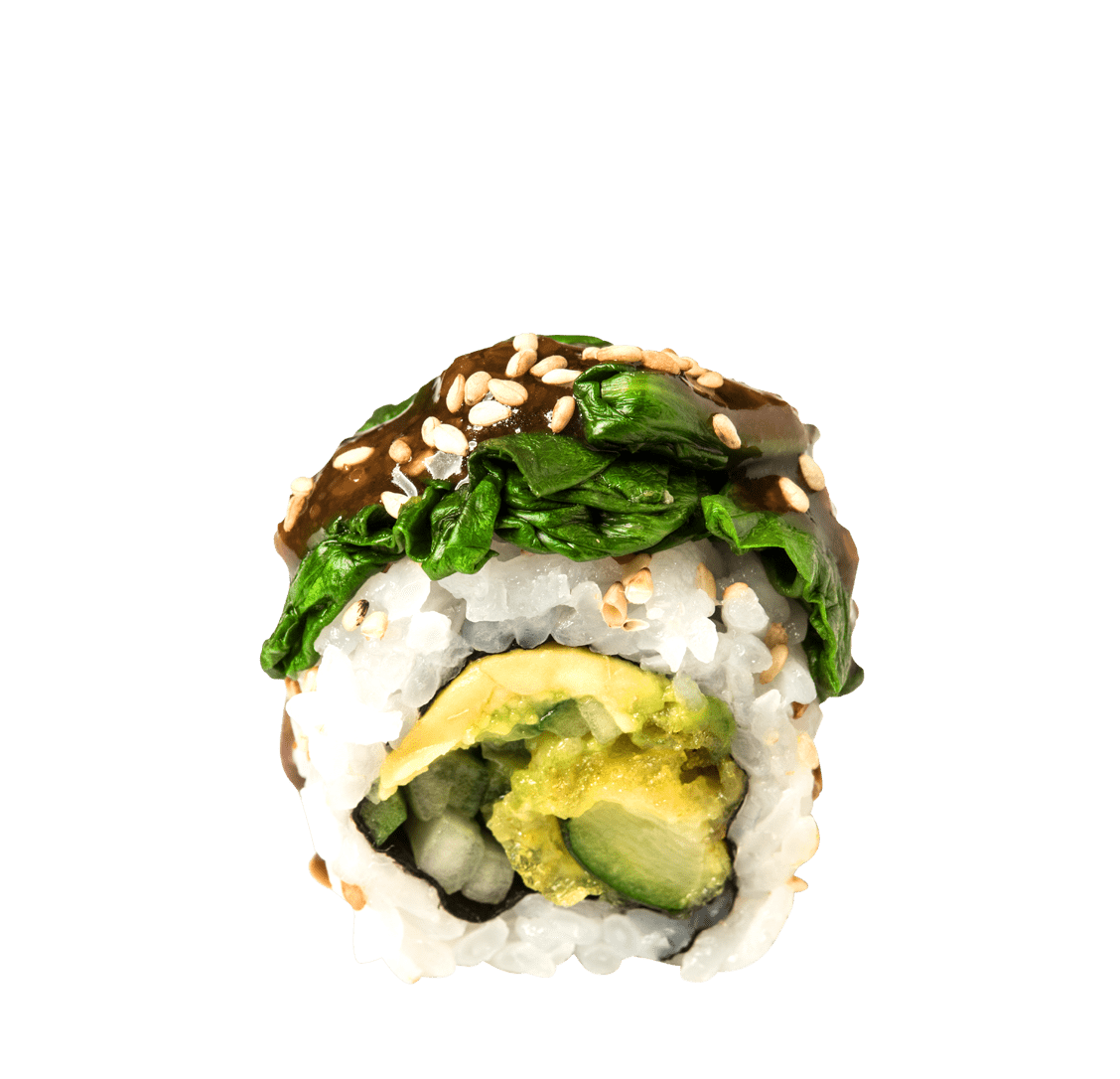Zucchini Tempura, Gurke, Avocado, Spinat, Sesamsauce title=Green Roll</br>(10 Stücke)<br/>11,00