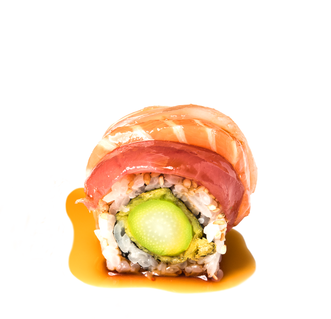 Grüner Spargel Tempura, Dreierlei Sashimi, Ponzu title=Rainbow Roll</br>(10 Stücke)</br>14,00 €
