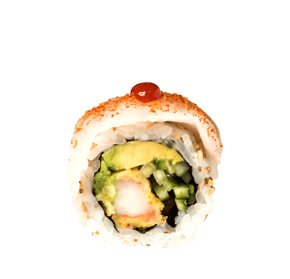 Garnelen Tempura, Togarashi, Schnittlauch, Hamachi title=Spicy Hamachi Roll</br>(10 Stücke)<br/>14,50 €