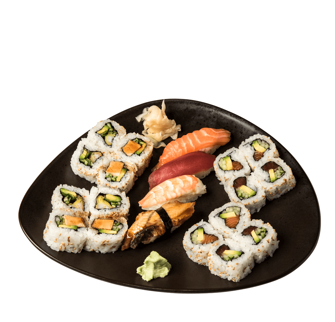 SUSHI MIX<br/>KLEIN • 1 CALIFORNIA ROLL, 2 NIGIRI 15,50€<br/>GROSS • 2 CALIFORNIA ROLLS, 4 NIGIRI 27,50€ title=SUSHI MIX<br/>KLEIN • 1 CALIFORNIA ROLL, 2 NIGIRI 15,50€<br/>GROSS • 2 CALIFORNIA ROLLS, 4 NIGIRI 27,50€